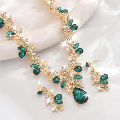 Rhinestone Bridal Wedding Jewelry Sets Gold Necklace Earrings Set Leaf Prom Formal Costume Jewelry Set for Women and Brides - color: Green