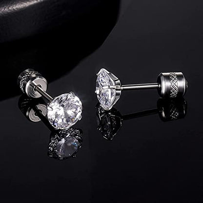 5 Pairs Titanium Screw Back Stud Earrings Set for Sensitive Ears, Hypoallergenic Surgical Stainless Steel Double Sided Round Cubic Zirconia Earrings for Women Men - color: 5pcs silver stud set