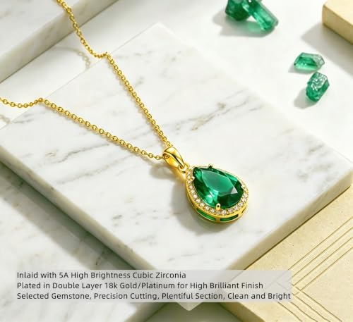 VONSSY Classic Oval Pendant Gemstone Necklace | Crystal Ruby Sapphire Waterdrop Birthstone Teardrop Emerald Necklace | 18K Platinum Gold Plated Chain | Jewelry Gift for Mother Wife Girlfriend - color: NL-Green-Gold