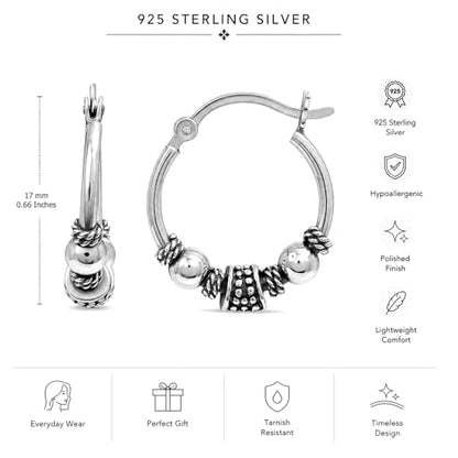 LeCalla 925 Sterling Silver Oxidized Balinese Hoops Earring Jewelry Small Antique Bali Beaded Hoop Earrings for Women - color: Bali Style Beaded