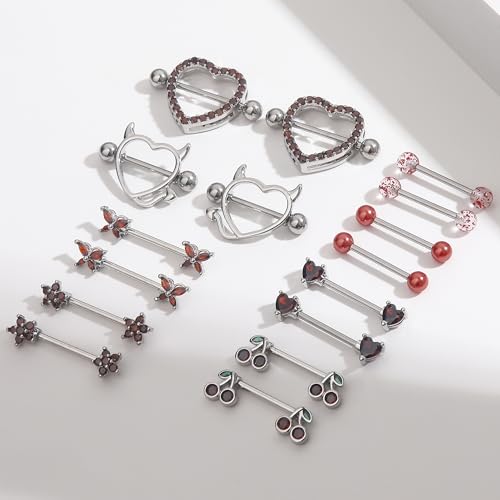 8 Pairs Gold Plated Nipple Rings for Women 14G Surgical Stainless Steel Nipple Piercing Jewelry Heart Cherry Butterfly Flower Nipple Barbells - color: Silver Tone Red CZ