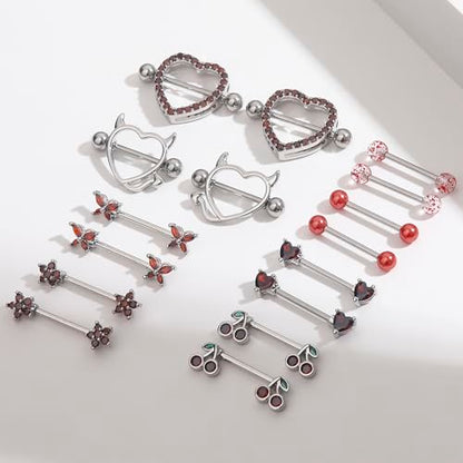 8 Pairs Gold Plated Nipple Rings for Women 14G Surgical Stainless Steel Nipple Piercing Jewelry Heart Cherry Butterfly Flower Nipple Barbells - color: Silver Tone Red CZ