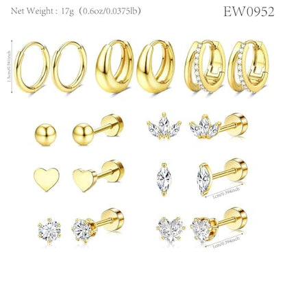 Stainless Steel Stud Earrings Set for Women Hypoallergenic Flat Back Cartilage Earrings Screw Back Huggie Hoop Earrings Multiple Piercing Cubic Zirconia Helix Tragus Jewelry - color: Set-A-14K Gold Plated