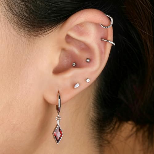 Hoop Earrings for Women, Stainless Steel Red Earrings, Hypoallergenic Trendy Cartilage Earrings for Lobe, Rhombus, Cubic Zirconia - color: Stainless Steel