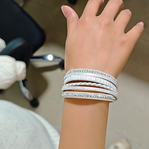ZMANYIJEW Leather Wrap Bracelets for Women,Boho Cuff Bracelets Multi-Layer Crystal Beads Cuff Bracelet Multilayered Leopard Leather Braided Bangle Wrist Cuff Bangles - style: white