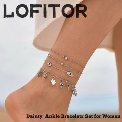 LOFITOR Anklets for Women Ankle Bracelet Charm Link Chain Set Foot | Waterproof Dainty Cz Evil Eye Beaded Anklets Adjustable Beach Foot Jewelry Feet Chains, Summer Beach Foot Jewelry Gifts - style: Evil-eye Silver