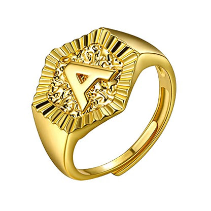 U7 Initial Ring Wedding Band for Men Women 18K Gold Plated Statement Hexagon A-Z Letter Jewelry Personalized Stackable Signet Rings - color: A