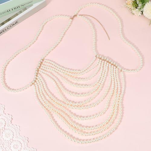 White Pearl Shoulder Chain Sexy Layered Necklace Imitation Pearls Round Beaded Boho Top Body Chains Multilayered Jewelry for Women Summer Beaches Party Decoration Wedding Accessories Gifts