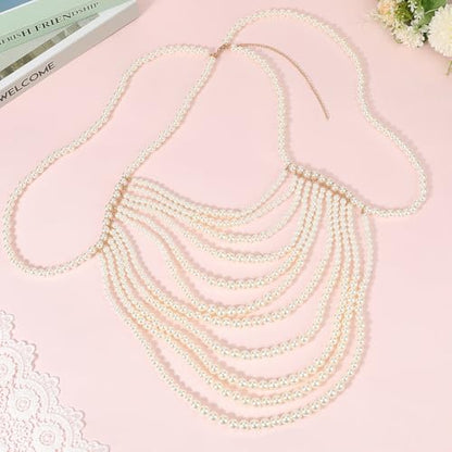 White Pearl Shoulder Chain Sexy Layered Necklace Imitation Pearls Round Beaded Boho Top Body Chains Multilayered Jewelry for Women Summer Beaches Party Decoration Wedding Accessories Gifts