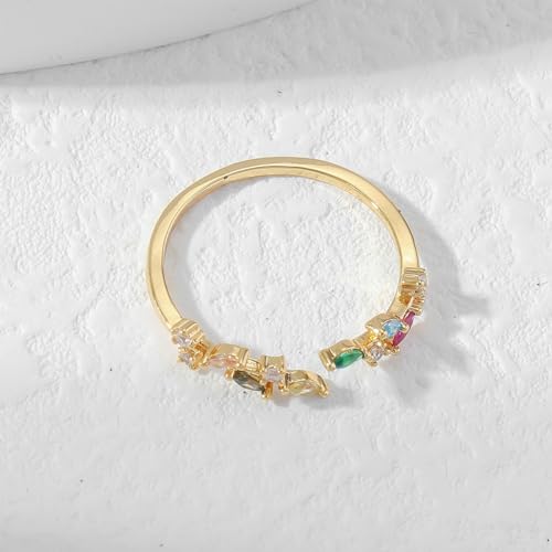 Gold Rings Non Tarnish Silver Adjustable Rings for Women Cubic Zirconia Leaf Ring Dainty Silver Stackable Ring for Women - style: colorful