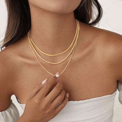 Layered Gold Necklace Set for Women Dainty Waterproof Cute Choker | 14K Gold Plated Minimalist Non Tarnish Lightweight CZ Pendant Pearl Twist Paperclip Chain Jewelry Gifts - style: 3PCS-Snake chain + Pearl-GD