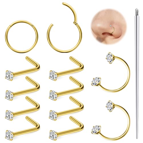 Hoeudjo 18G Horseshoe Nose Ring Surgical Steel Hinged Nose Hoops for Women Nose Studs 1.5MM/2MM/2.5MM/3MM Cubic Zirconia Bone & Screw & L-shaped Nostril Ring Body Piercing Jewelry for Women Men - color: goldtone,L-shaped nose studs, size: 2mm CZ