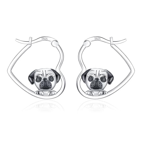 LES OSEWA Dog Animal Earrings Sterling Silver Animal Heart Hoop Dangle Earrings Cute Jewelry Gifts for Women - color: Pug