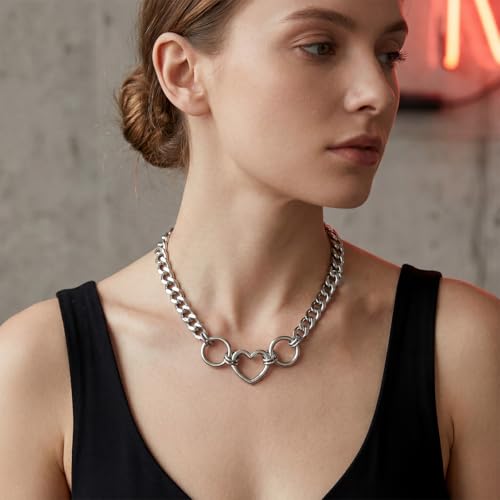 Slip Chain Necklace for Women Gothic Stainless Steel Bar Pendant Cuban Link Necklaces Adjustable Goth O Ring Long Necklaces Punk Rock Collar Choker Trendy Lariat Y Necklace - color: Silver heart ring
