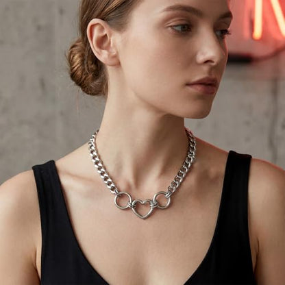 Slip Chain Necklace for Women Gothic Stainless Steel Bar Pendant Cuban Link Necklaces Adjustable Goth O Ring Long Necklaces Punk Rock Collar Choker Trendy Lariat Y Necklace - color: Silver heart ring