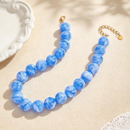 Chunky Beaded Necklace for Women Trendy Boho Collar Statement Necklace Large Round Resin Beads Choker Necklaces Summer Beach Jewelry Gifts - color: Clear Blue