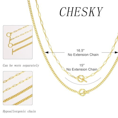 CHESKY 14K Gold Plated Layered Chain Necklace for Women | Trendy Cuban Link Chain, Chunky Paperclip Chain, Toggle Clasp Necklace, Fashion Gold Jewelry, Daily Gift for Women - style: Paperclip Cubr Toggle-GD