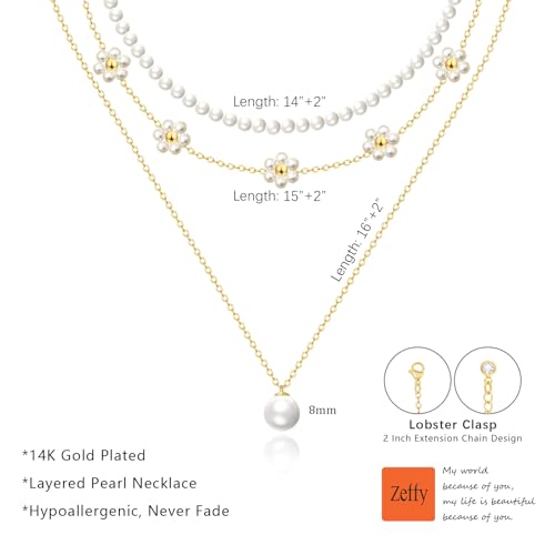 Zeffy Gold Pearl Necklace for Women, Dainty 14K Gold/Silve Plated Layered Pearl Choker Pearl Earrings Pearl Bracelets Wedding Trendy Gold Jewelry Set for Women Gifts - style: Gold Daisy Pearl Necklace-3PCS