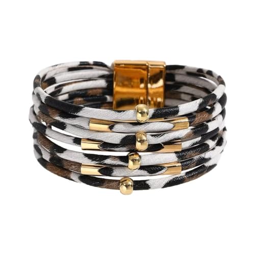Colorful Leather Wrap Bracelets for Women Boho Handmade Multilayer Leopard Print Cuff Bangle Circle Charm Bracelets Bohemian Party Holiday Jewelry - color: Color 2