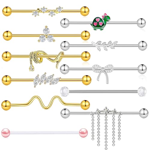TIANCI FBYJS 7-16pcs 14G Stainless Steel Industrial Piercing Barbell Earring Cartilage Body Jewelry 38mm 1&1/2 Inch Industrial Piercing Bar for Women Men Snake Chain Dangle - color: gold silver