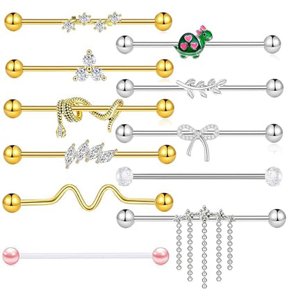 TIANCI FBYJS 7-16pcs 14G Stainless Steel Industrial Piercing Barbell Earring Cartilage Body Jewelry 38mm 1&1/2 Inch Industrial Piercing Bar for Women Men Snake Chain Dangle - color: gold silver