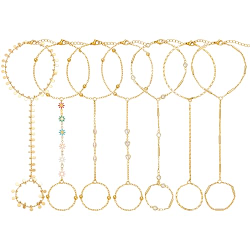 DELUU 7Pcs Gold Plated Hand Chain Bracelet for Women,Stack Bracelet Set | 14K Gold Plated,Adjustable Hand Chain,Ring Bracelet,Comfortable and Smooth,Sturdy and Durable,Daily Wear for Trendy Women