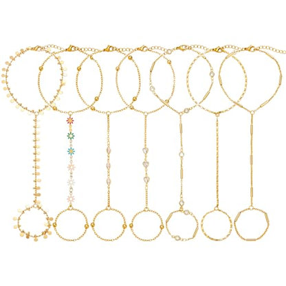 DELUU 7Pcs Gold Plated Hand Chain Bracelet for Women,Stack Bracelet Set | 14K Gold Plated,Adjustable Hand Chain,Ring Bracelet,Comfortable and Smooth,Sturdy and Durable,Daily Wear for Trendy Women