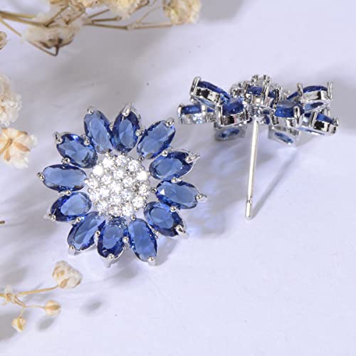 Crystal Flower Burst Stud Earirings - Big Sterling Silver CZ Cubic Zirconia Rhinestone Daisy Sunflower Floral Cluster Studs Bridal Wedding Party Prom Costume Jewelry for Bride Bridesmaids Women Birthstone Birthday Gift - color: Blue