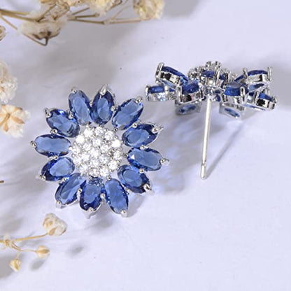 Crystal Flower Burst Stud Earirings - Big Sterling Silver CZ Cubic Zirconia Rhinestone Daisy Sunflower Floral Cluster Studs Bridal Wedding Party Prom Costume Jewelry for Bride Bridesmaids Women Birthstone Birthday Gift - color: Blue