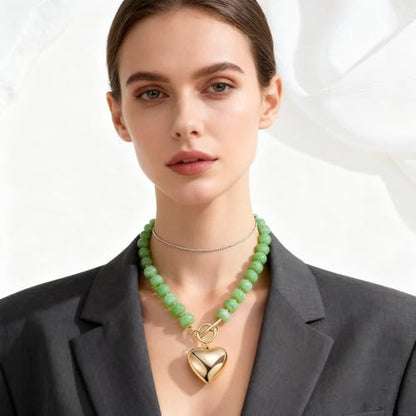 Chunky Heart Necklaces for Women Colorful Resin Beaded Necklaces for Women Gold Puffy Heart Statement Necklace Trendy Acrylic Choker Jewelry Gift - color: B