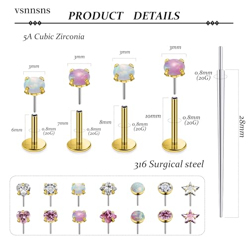 Vsnnsns 14K Gold Plated 16G 18G 20G Threadless Nose Rings Studs Flat Back Earrings Stainless Steel Tragus Helix Conch Earrings Stud Snake Bite Lip Rings Labret Medusa Piercing Jewelry for Women Men - color: 14K Gold Plated-20G-6MM 7MM 8MM 10MM Bar Lenght
