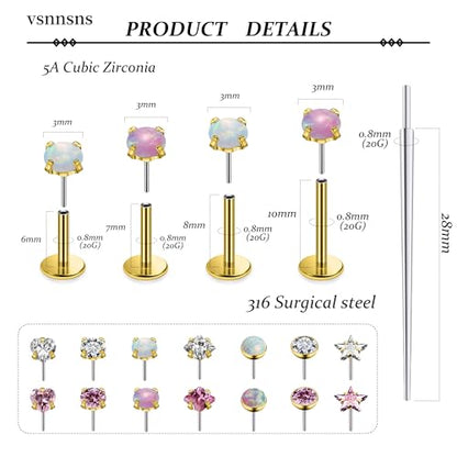 Vsnnsns 14K Gold Plated 16G 18G 20G Threadless Nose Rings Studs Flat Back Earrings Stainless Steel Tragus Helix Conch Earrings Stud Snake Bite Lip Rings Labret Medusa Piercing Jewelry for Women Men - color: 14K Gold Plated-20G-6MM 7MM 8MM 10MM Bar Lenght