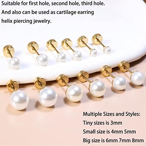 Dainty Flat Back Pearl Earrings for Women, 6 Pairs Flatback Pearl Earrings in 14K Gold Silver 3-8MM Studs Earring Sets for Multiple Piercing Hypoallergenic - style: 14K Gold - 3mm/4mm/5mm/6mm/7mm/8mm Pearl Earrings