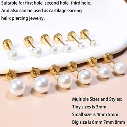 Dainty Flat Back Pearl Earrings for Women, 6 Pairs Flatback Pearl Earrings in 14K Gold Silver 3-8MM Studs Earring Sets for Multiple Piercing Hypoallergenic - style: 14K Gold - 3mm/4mm/5mm/6mm/7mm/8mm Pearl Earrings