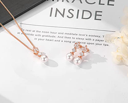 Wedding Jewelry for Bride Bridesmaid, Pearl Dangle Earrings and Pendant Necklace Set Bridal Jewelry for Promise Wedding Party - color: 4.3#rose gold-Necklace/Earrings