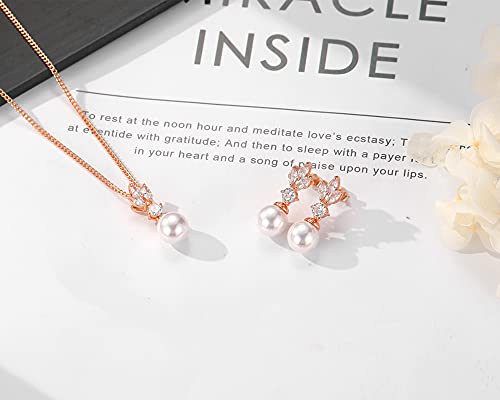 Wedding Jewelry for Bride Bridesmaid, Pearl Dangle Earrings and Pendant Necklace Set Bridal Jewelry for Promise Wedding Party - color: 4.3#rose gold-Necklace/Earrings