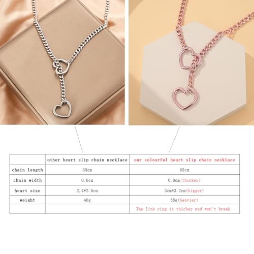 MIFYNN Heart O ring Slip Chain Necklaces for Women Stainless Steel Cuban Chain Bar Necklace Punk Rock Collar Necklace Handmade Adjustable Lariat Y Necklaces for Men - color: Pink