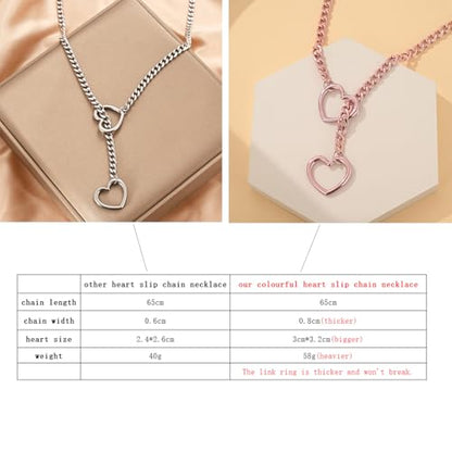 MIFYNN Heart O ring Slip Chain Necklaces for Women Stainless Steel Cuban Chain Bar Necklace Punk Rock Collar Necklace Handmade Adjustable Lariat Y Necklaces for Men - color: Pink