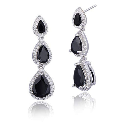 Women's Cubic Zirconia Bridal Earrings - Elegant Long Wedding Party Prom Earring for Bride Bridesmaids Crystal CZ Rhinestone Chandelier Statement Dangle Drop Earrings for Women - color: Black