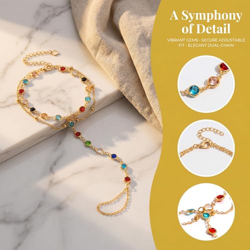 Golden-Tone Link Chain Anklet and Toe Ring Jewelry set for women | Adjustable Link Chain Anklets Jewelry set Colorful Crystal Charms, Star and Heart Accents Summer Beach Boho Foot Jewelry - color: Gold