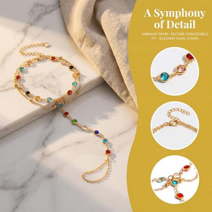 Golden-Tone Link Chain Anklet and Toe Ring Jewelry set for women | Adjustable Link Chain Anklets Jewelry set Colorful Crystal Charms, Star and Heart Accents Summer Beach Boho Foot Jewelry - color: Gold