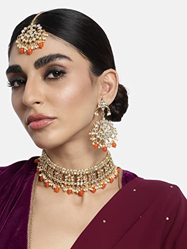 Aheli Elegant Indian Faux Kundan Studded Choker Necklace with Maang Tikka Set Ethnic Wedding Wear Bharatanatyam jewellery set Gift for Women - color: Orange