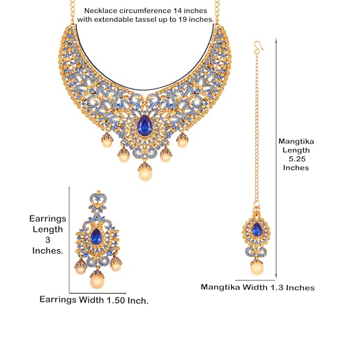 Touchstone Indian jewelry sets for women tikka wedding necklace costume guest statement bollywood rhinestones crystal faux pearls gold big royal neck piece set bridal fashion accessories - color: Blue