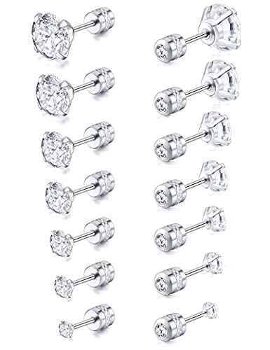 7 Pairs 18G 20G Stainless Steel Stud Earrings Round Cubic Zirconia Barbell Earring Set For Men Women 2MM-8MM Silver Tone - style: G:7 Pairs, Double Round CZ, 20G