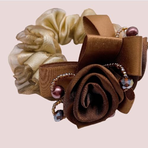 Satin Hair Scrunchie with Rose Flower, Brown and Gold, Pearl Beads, Ribbon Bow, Hair Tie Accessory, 9cm (khaki) - color: khaki