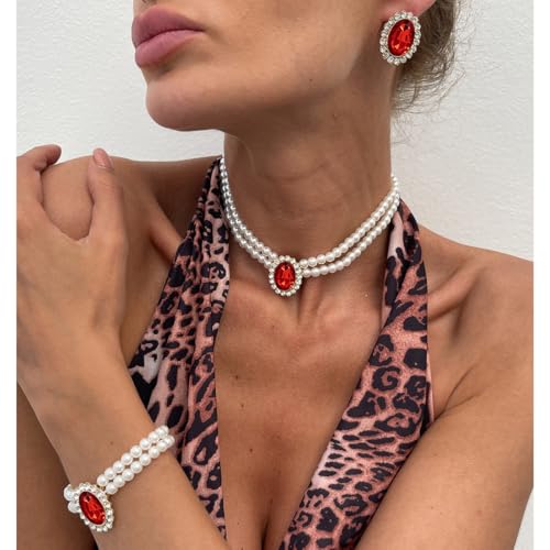 3Pcs Dainty Elegant Imitation Pearl Beaded Choker Necklace Bracelets Earrings Set Handmade Adjustable Faux Pearl Necklace for Women Bridal Wedding Party Prom Birthday Valentine Jewelry Gifts - color: D red