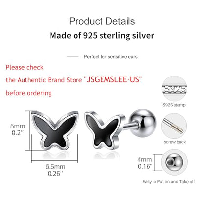JSGEMSLEE Hypoallergenic 925 Sterling Silver Stud Earrings for Women With Screw Back Small Butterfly Heart Flower Earrings for Girls Tragus Cartilage Jewelry Gifts - color: Butterfly