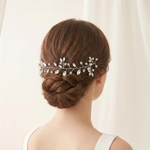 2Pcs Pearl Bride Wedding Hair Vine, Rhinestone Bridal Headpiece | Silver Rhinestone Bridal Headpiece, Bendable Crystal Hair Piece, for Women and Girls, Prom Hair Accessories