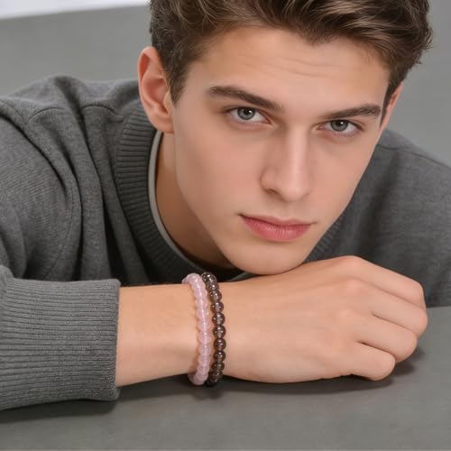 2PCS Agate Bracelet for Women Men Natural Round Beaded Agates Stone Healing Stretch Bracelets Elastic Handmade Polished Gemstone Beads Bracelet - color: Grey+Pink Quartz, size: 6mm Beads