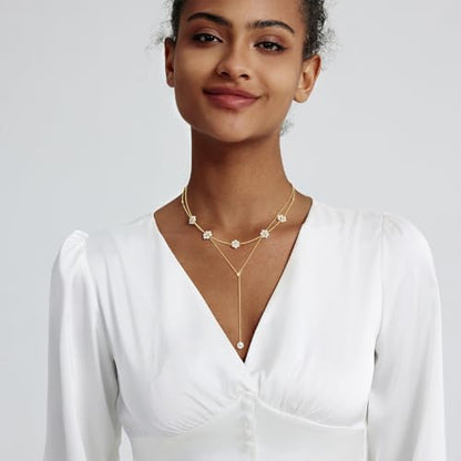 OGD Gold Pearl Necklace Set for Women 14K Plated Layered Daisy Choker Gift - color: 2PCS-Lariat Daisy Pearl-Gold